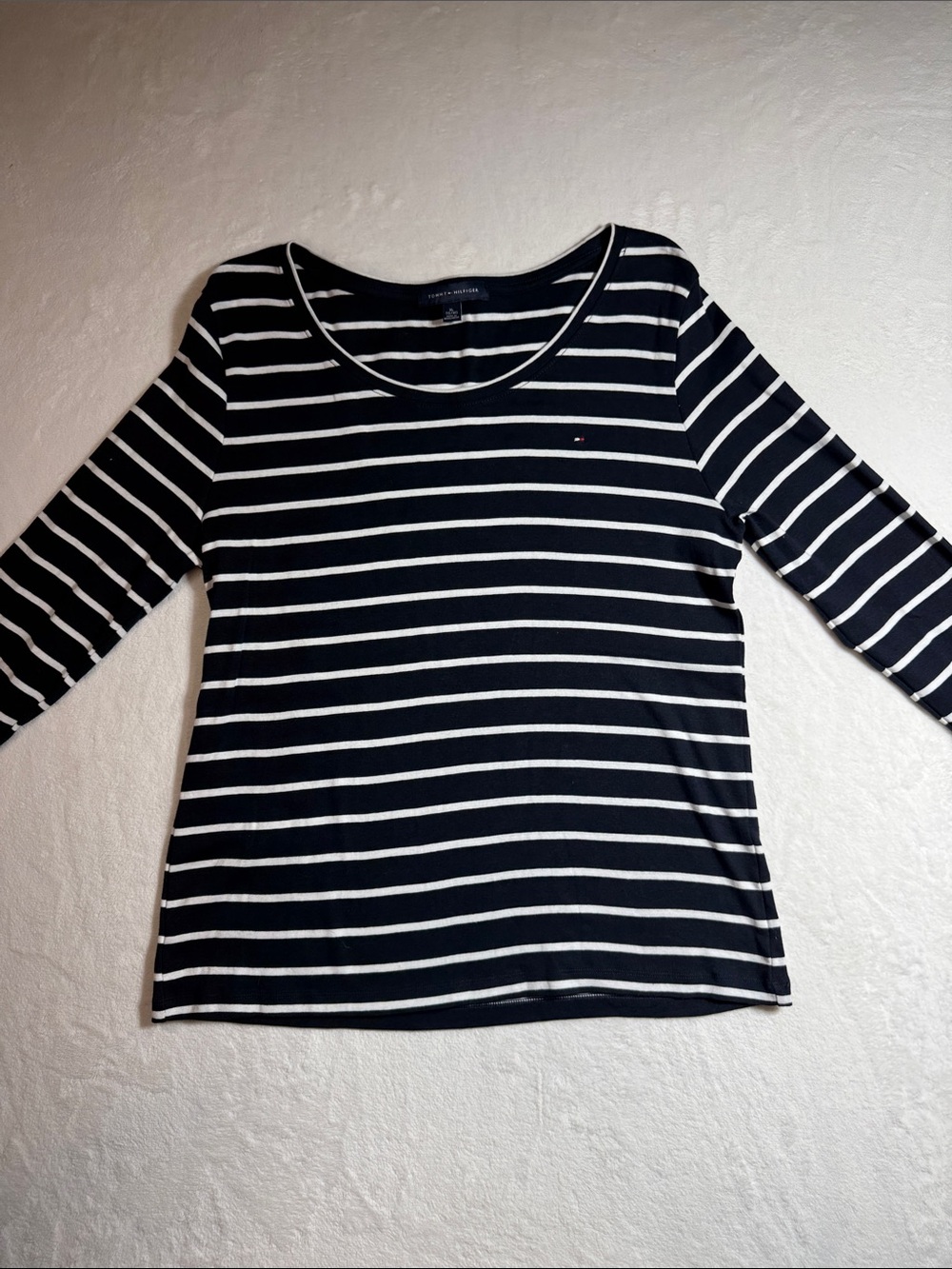 Tommy Hilfiger Navy and White Striped Long Sleeve Scoop Neck Top